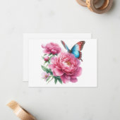 シンプルピンクモダンフローラバタフライフラット ノートカード (正面/裏面インサイチュ)