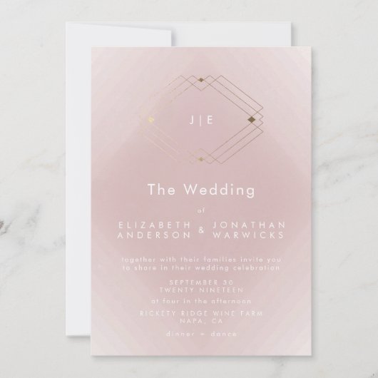 シンプルピンクモダン幾何学金ゴールド結婚の 招待状 (正面)