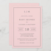 シンプルピンクモノグラムガールカップル赤ちゃんシャワー 招待状 (正面/裏面)