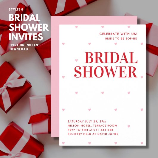 シンプルピンクラブハートブライダルシャワー招待 招待状