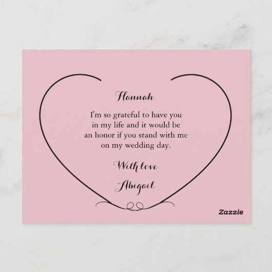 シンプルピンクローズメイド・オブ・オーナー(花嫁付き添い人)リクエストカード ポストカード (裏面)