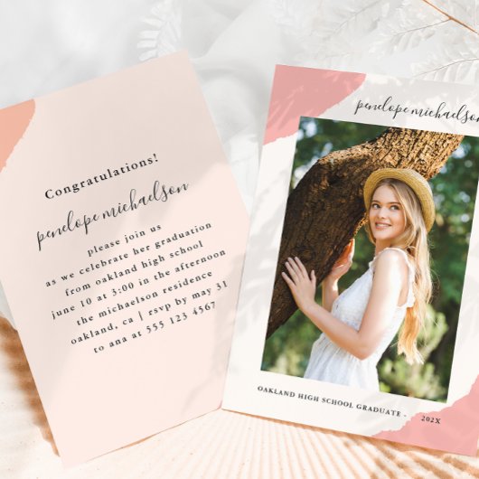 シンプルピンク写真卒業パーティー 招待状