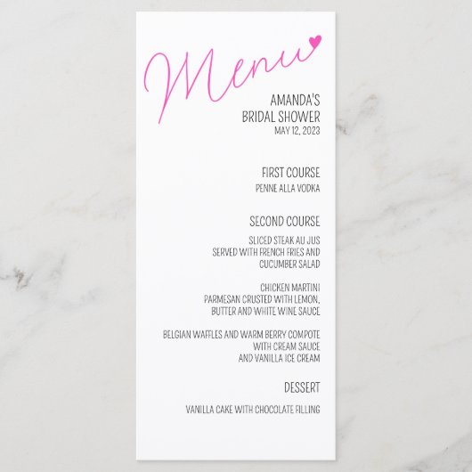 シンプルピンク書ブライダルシャワー メニュー (正面)