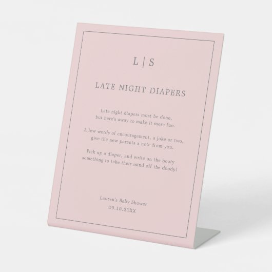 シンプルピンク深夜おむつ赤ちゃんシャワーゲーム 台座サイン (正面)