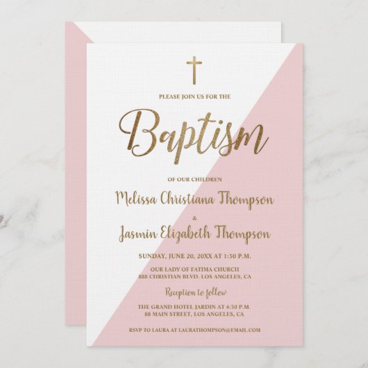 シンプルピンク白と金ゴールド 招待状 (正面/裏面)