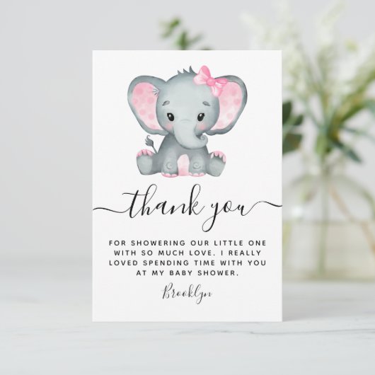 シンプルピンク象の赤ちゃんシャワー サンキューカード (スタンド正面)