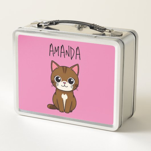 シンプルピンク&ブラウン猫の子供の名前 メタルランチボックス (裏面)