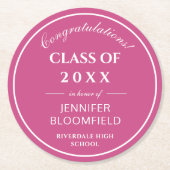 シンプルピンク&ホワイトモダン卒業 ラウンドペーパーコースター (正面)