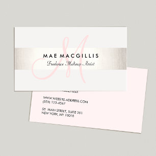 シンプルピンク　モノグラムモダン　フェイクシルバーストライプ 名刺