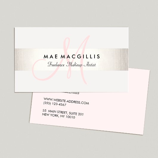 シンプルピンク モノグラムモダン フェイクシルバーストライプ 名刺