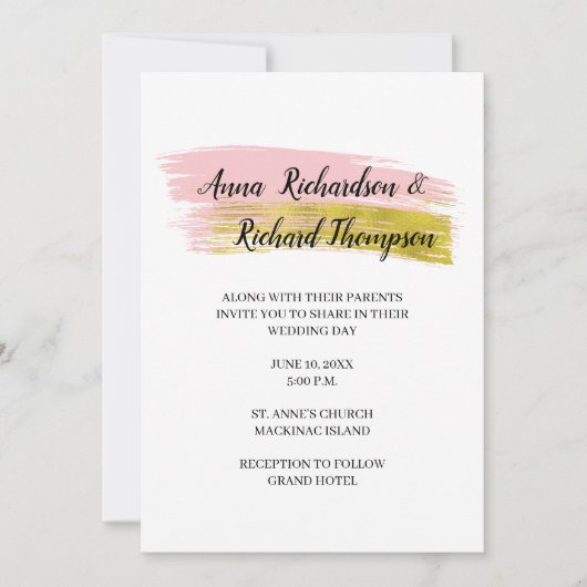 シンプルピーチと金ゴールドブラシストロ結婚ークのインビタット 招待状 (正面)