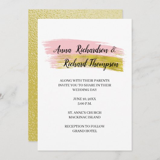 シンプルピーチと金ゴールドブラシストロ結婚ークのインビタット 招待状 (正面/裏面)