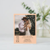 シンプルピーチオレンジの結婚式の日付写真を保存 ポストカード (スタンド正面)