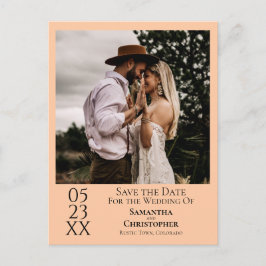 シンプルピーチオレンジの結婚式の日付写真を保存 ポストカード