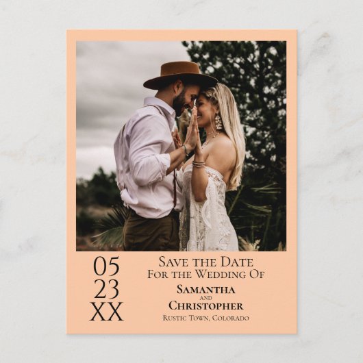 シンプルピーチオレンジの結婚式の日付写真を保存 ポストカード (正面)