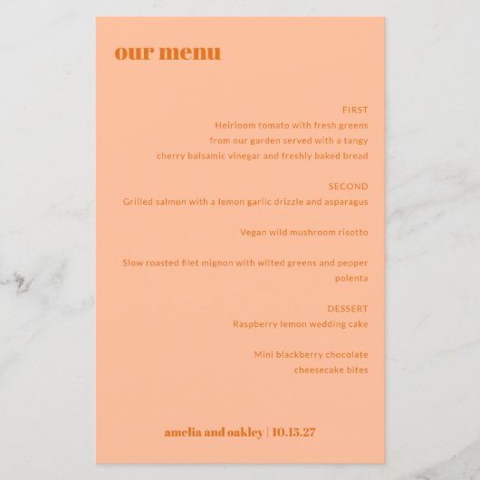 シンプルピーチオレンジシンプル色カスタムウェディングメニュー (正面)