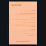 シンプルピーチオレンジシンプル色カスタムウェディングメニュー<br><div class="desc">エレガントなウェディングダイニング体験のトーンをスタイリッシュこのメニュ結婚ーカードで設定。ソフトピーチオレンジでは、このカスタマイズ可能なメニューは、カップルの名前と日付をハイライト結婚表示する。披露宴、リハーサルのディナー、ブライダルシャワーに最適なミニマルなデザインモダンで、テーブルの設定に洗練されたtouchを加え、美味しい食事を楽しむことができる。</div>