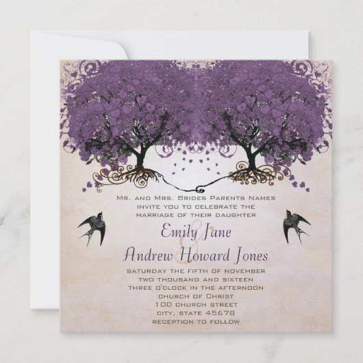 シンプルピーチパープルヴィンテージハートリーフツリー 招待状 (正面)