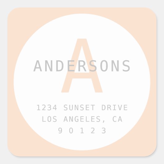 シンプルピーチホワイト&グレーモノグラム&アドレス スクエアシール (正面)