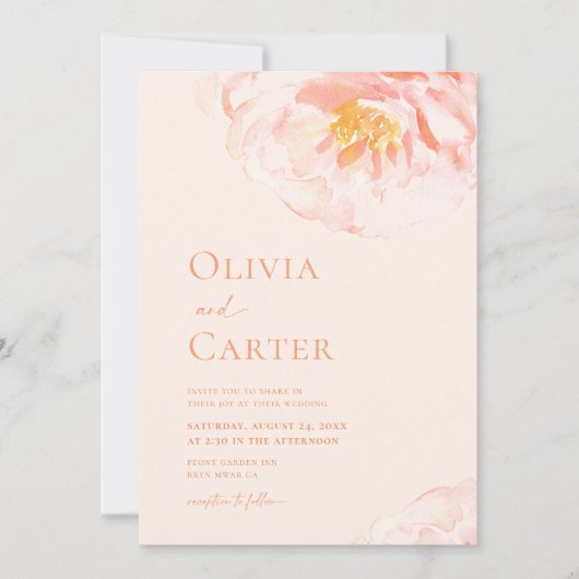 シンプルピーチモダンフローラウォーター結婚カラー 招待状 (正面)