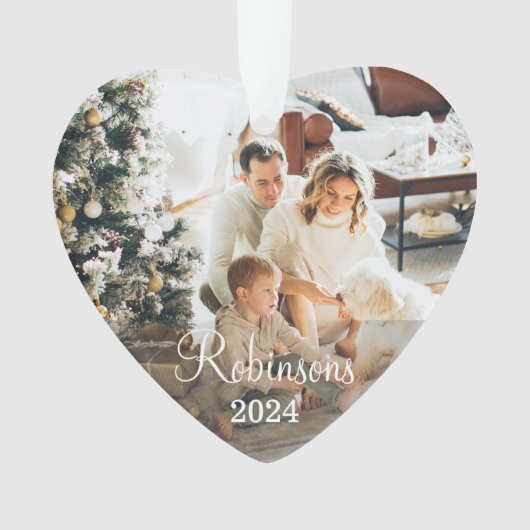 シンプルファミリー2フォト名前をカスタムする台本&年 オーナメント (正面)