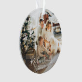 シンプルファミリー2フォト名前をカスタムする台本&年 オーナメント (正面)