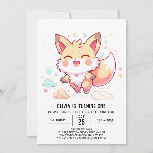 シンプルファンタジーキツネ1歳の誕生日 招待状 (正面)