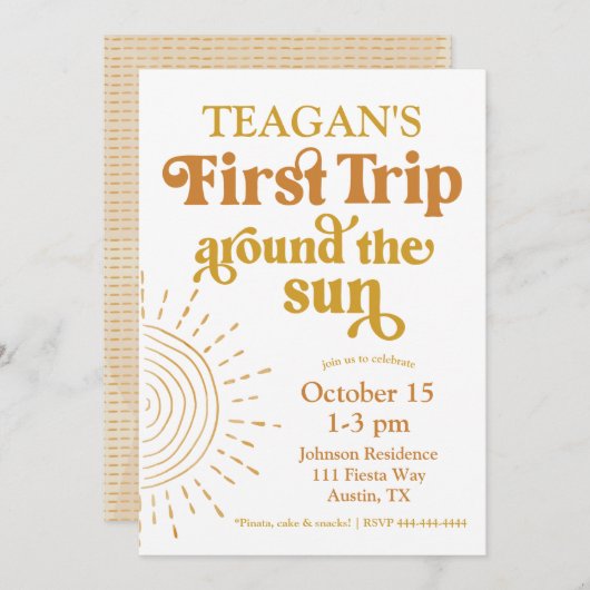 シンプルファーストトリップのまわりにザサンファースト誕生日 招待状 (正面/裏面)