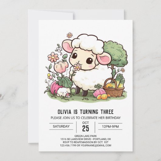 シンプルファーミヤードシープデジタル誕生日 招待状 (正面)