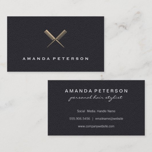 シンプルフェイクエレガント黒い革のコーム交差 名刺 (正面/裏面)