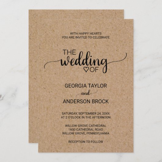 シンプルフェイククラフト結婚書道 招待状 (正面/裏面)