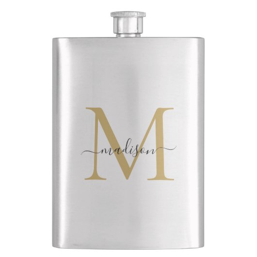シンプルフェイクモダン金ゴールドモノグラムガーリースクリプト名 フラスク (正面)