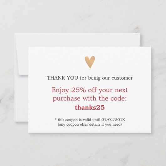 シンプルフェイク金ゴールドエレガントハートありがとうクーポン サンキューカード (正面)