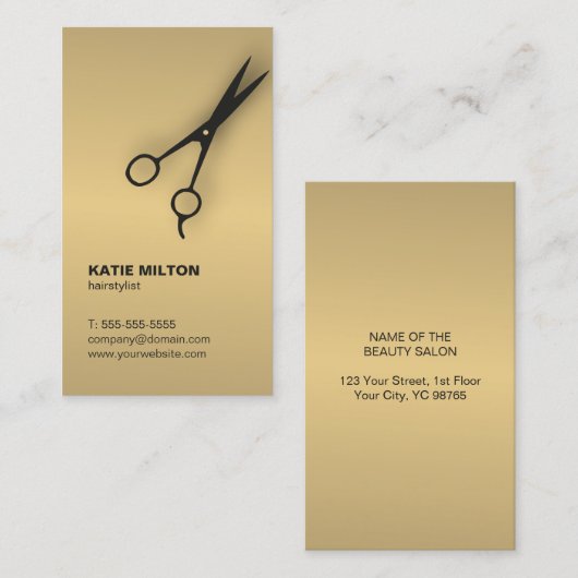 シンプルフェイク金ゴールドエレガント黒シザーヘアスタイル 名刺 (正面/裏面)
