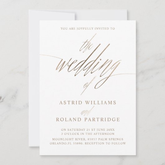 シンプルフェイク金ゴールド書結婚の概要 招待状 (正面)