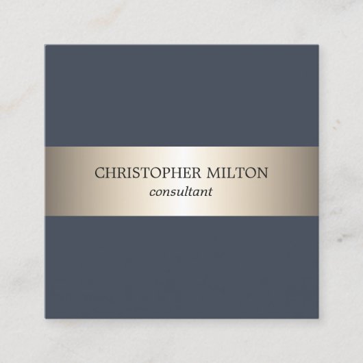 シンプルフェイク青エレガント金ゴールドストライプコンサルタント スクエア名刺 (正面)