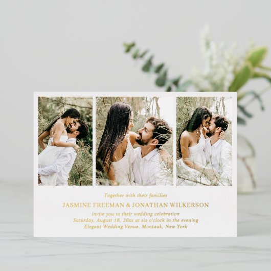 シンプルフォトコラージュ優雅な結婚式 箔招待状 (立ち正面)