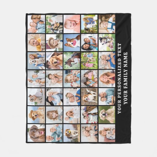 シンプルフォトコラージュ35写真ブラックパーソナライズされた フリースブランケット (正面)