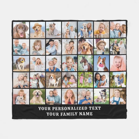シンプルフォトコラージュ35写真ブラックパーソナライズされた フリースブランケット (正面(横))
