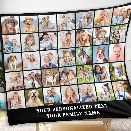 シンプルフォトコラージュ35写真ブラックパーソナライズされた フリースブランケット