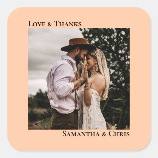 シンプルフォトコーラルピーチ感謝していラヴ結婚ズ スクエアシール (正面)