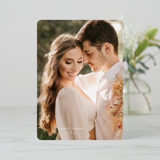 シンプルフォトゴールド結婚フォイルのサンキューカード 箔招待状 (立ち正面)