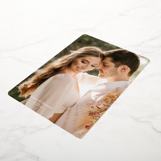 シンプルフォトゴールド結婚フォイルのサンキューカード 箔招待状 (回転した状態)