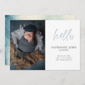 シンプルフォトハローブルータイポグラフィベビー 案内状 (正面/裏面)