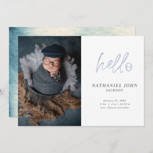 シンプルフォトハローブルータイポグラフィベビー 案内状 (正面/裏面)