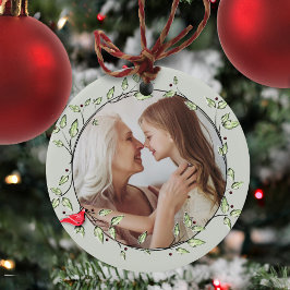 シンプルフォトフォトウィンターレッド（鳥）ショウジョウコウカンチョウ緑リース セラミックオーナメント