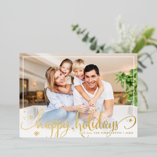 シンプルフォトフレームおもしろい書道楽しい休日 箔シーズンカード (立ち正面)