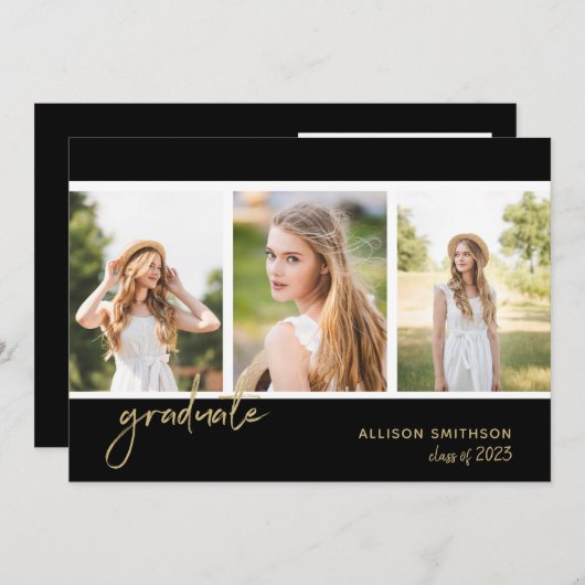 シンプルフォトブラック金ゴールド卒業パーティー 招待状 (正面/裏面)