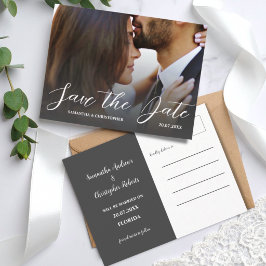 シンプルフォトブラック&ホワイト日付を保存結婚する ポストカード