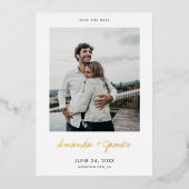 シンプルフォト婚約ウェディング日付金ゴールドの保存 箔招待状 (正面)